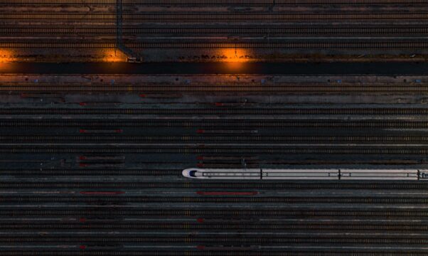 Aerial shot of a railway line in Wuhan in the evening.