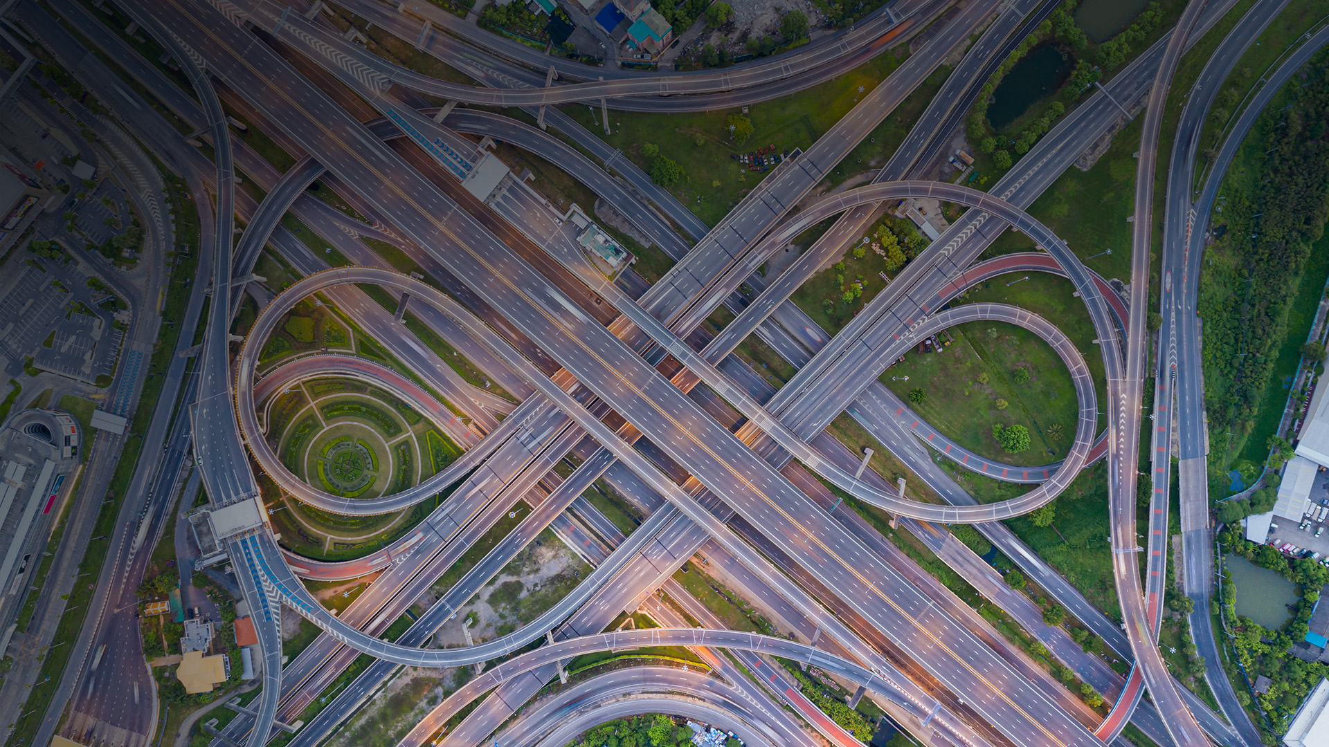 Aerial view of the intersection freeway road overpass at the western outer ring road of Bangkok, Thailand.